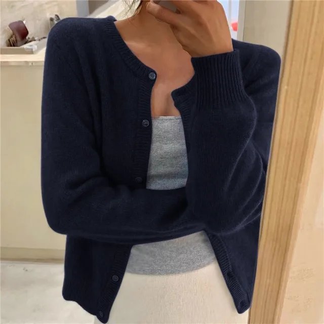 Women's Crew Neck Knit Cardigan with Button Front & Long Sleeves — Elise