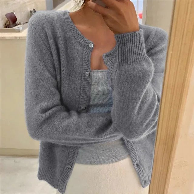 Women's Crew Neck Knit Cardigan with Button Front & Long Sleeves — Elise