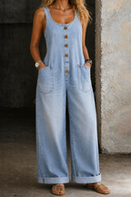 Light Blue Women's Light Blue Wide-Leg Denim Overalls — Posy Button-Front Relaxed Pockets