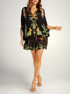 Women's Tropical Print Caftan Maxi Dress with Sequin V-Neck & Drop Shoulder Sleeves — Millie