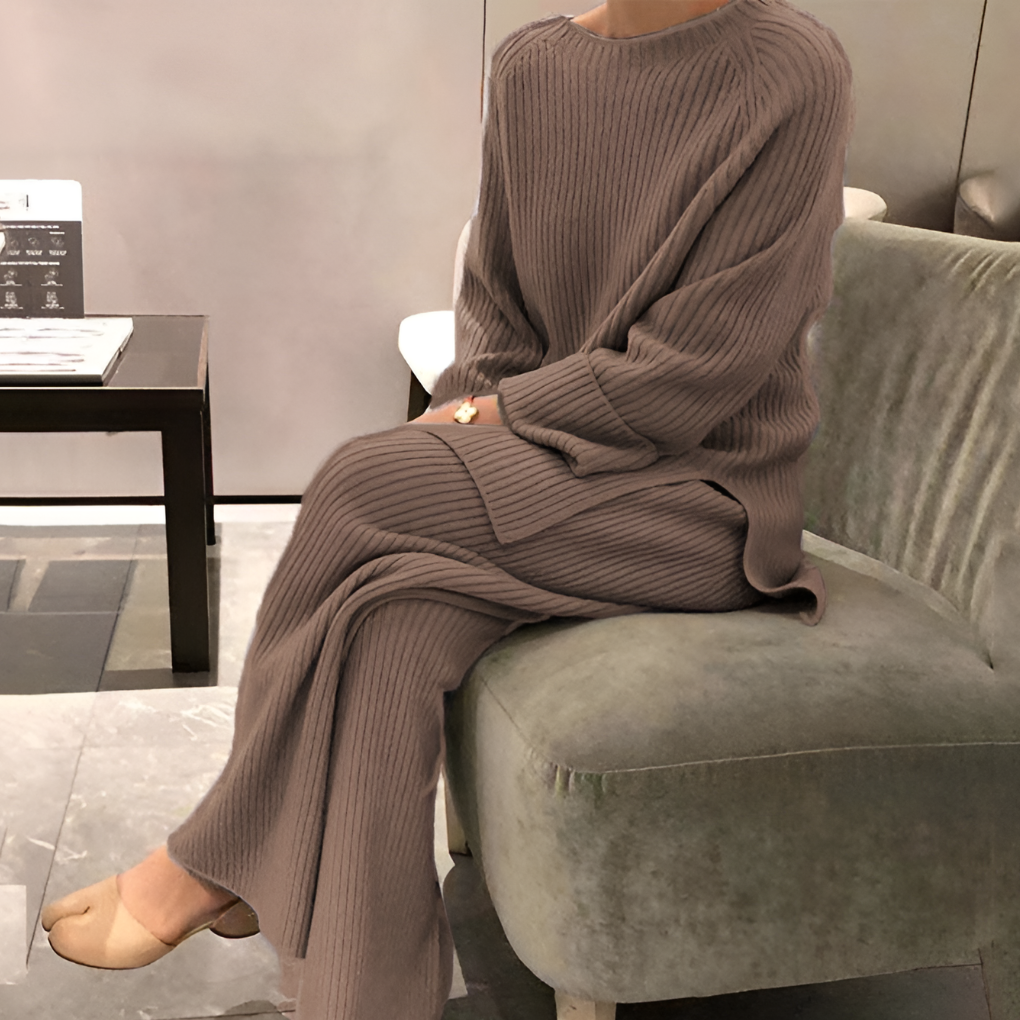 Brown Women's Ribbed Knit Co-Ord Set with Relaxed Sweater & Straight-Leg Trousers