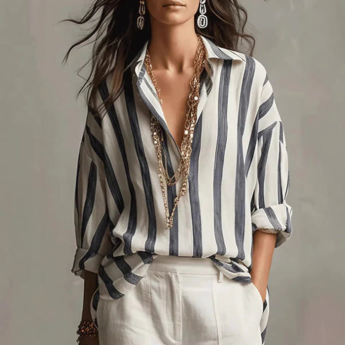 Women's Elegant Striped Blouse with Long Sleeves & Relaxed Fit — Adelaide