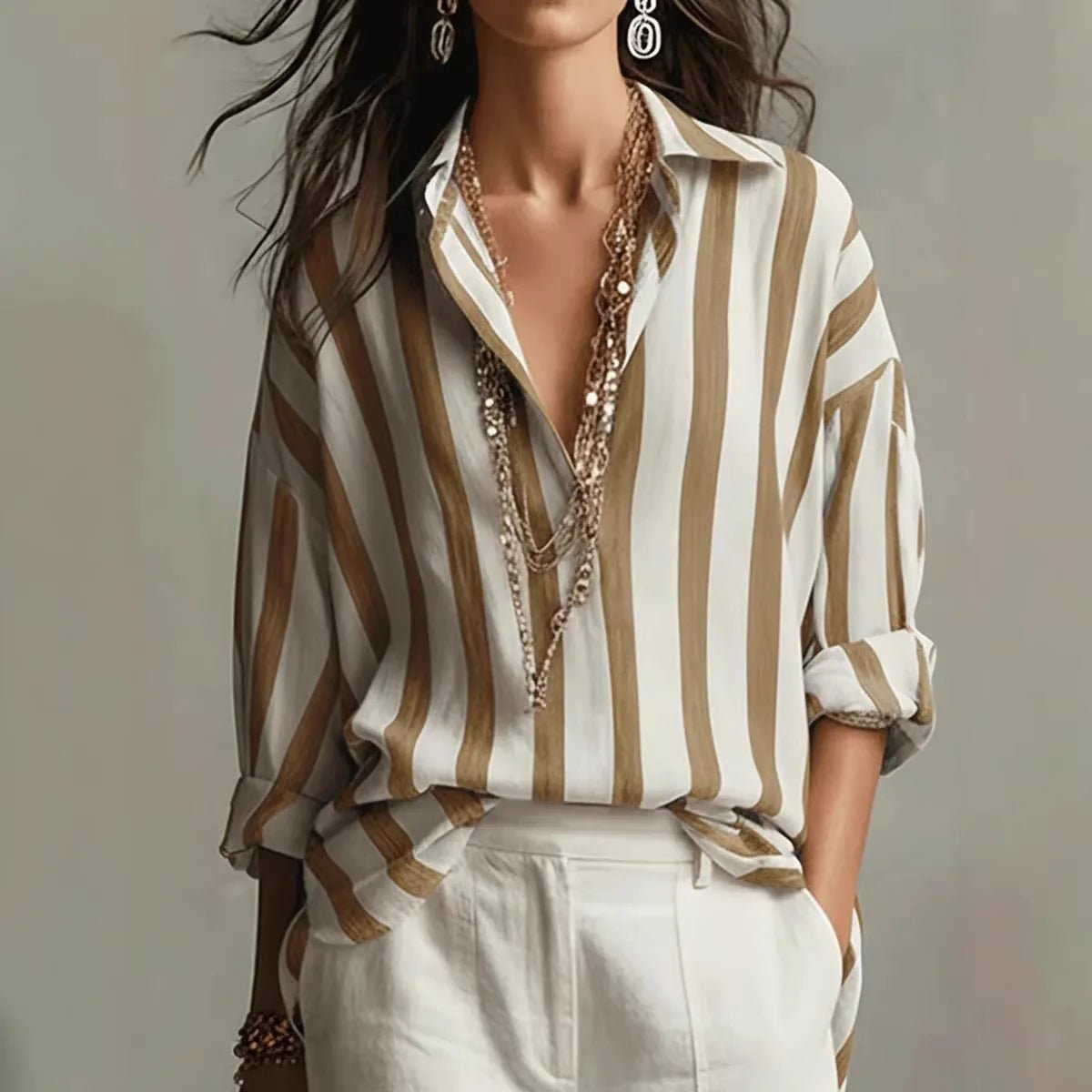 Women's Elegant Striped Blouse with Long Sleeves & Relaxed Fit — Adelaide