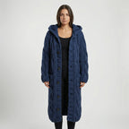 Dark Blue Women's Hooded Cardigan with Cable-Knit Texture & Button-Front Closure