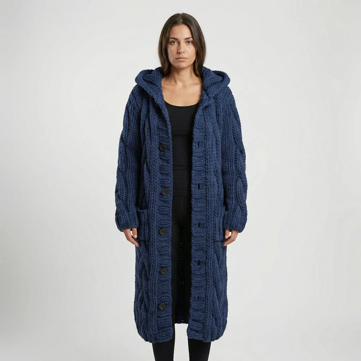 Dark Blue Women's Hooded Cardigan with Cable-Knit Texture & Button-Front Closure