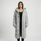 Light Grey Women's Hooded Cardigan with Cable-Knit Texture & Button-Front Closure