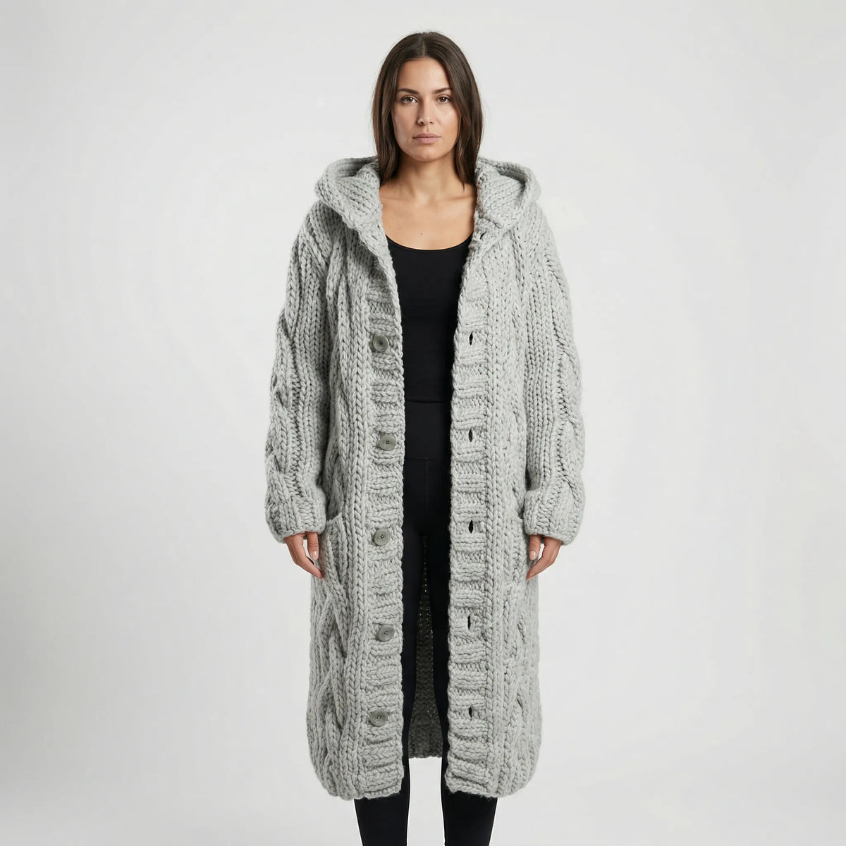 Light Grey Women's Hooded Cardigan with Cable-Knit Texture & Button-Front Closure