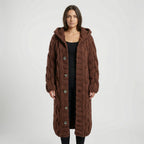 Brown Women's Hooded Cardigan with Cable-Knit Texture & Button-Front Closure