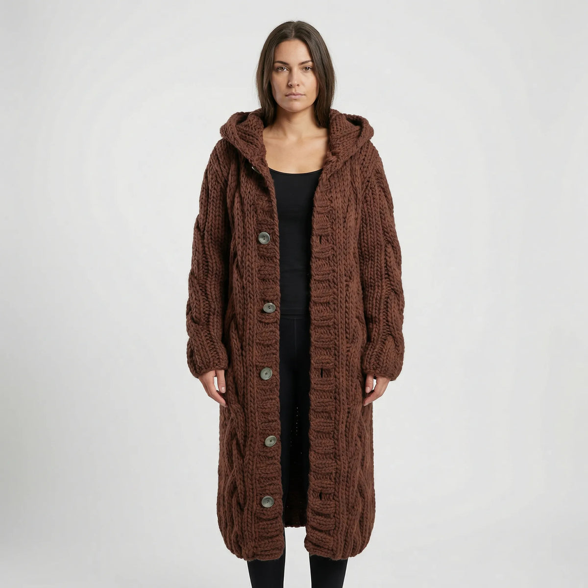 Brown Women's Hooded Cardigan with Cable-Knit Texture & Button-Front Closure