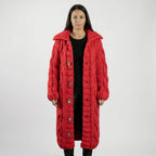 Red Women's Hooded Cardigan with Cable-Knit Texture & Button-Front Closure