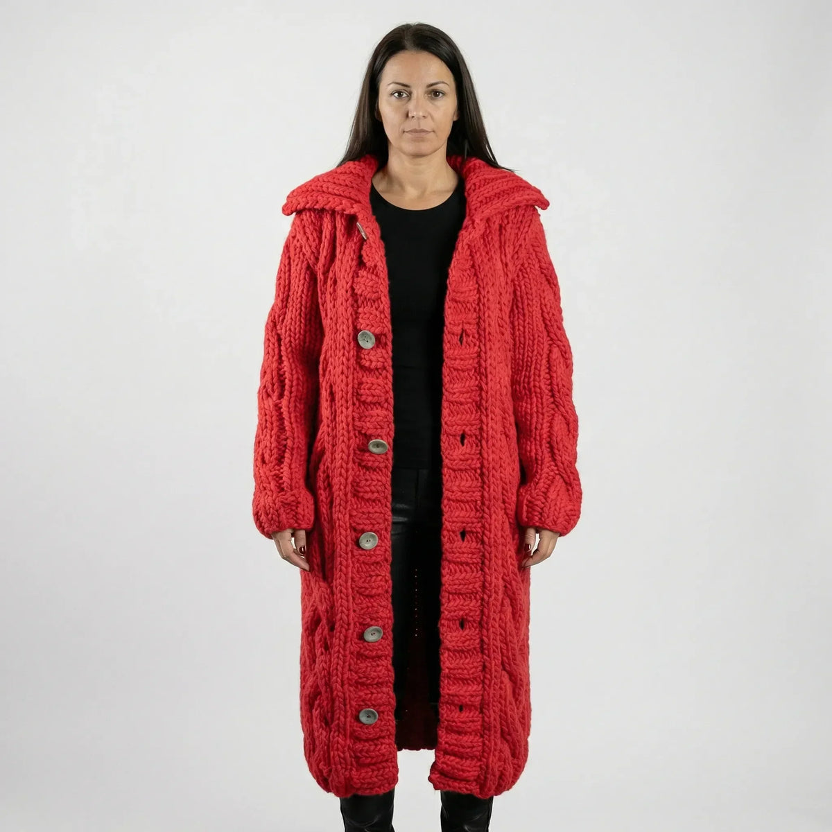 Red Women's Hooded Cardigan with Cable-Knit Texture & Button-Front Closure