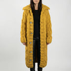 Yellow Women's Hooded Cardigan with Cable-Knit Texture & Button-Front Closure