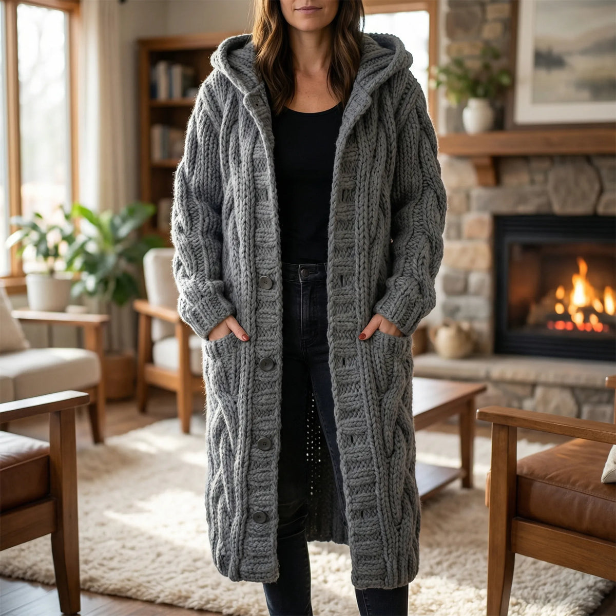 Women's Hooded Cardigan with Cable-Knit Texture & Button-Front Closure