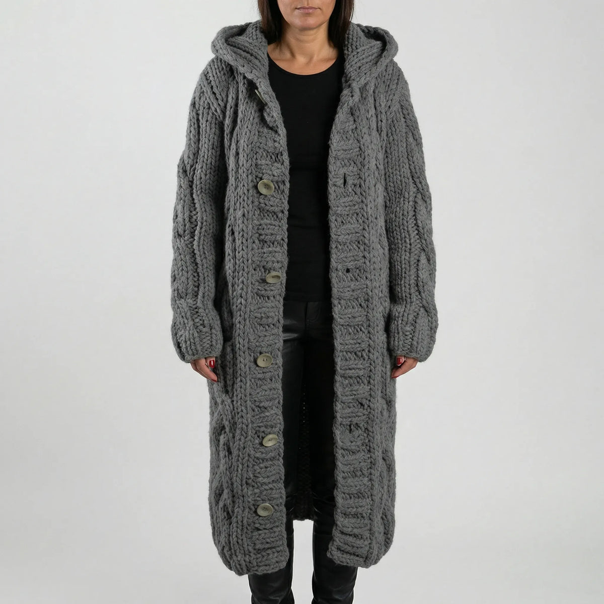 Women's Hooded Cardigan with Cable-Knit Texture & Button-Front Closure
