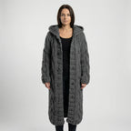 Dark Grey Women's Hooded Cardigan with Cable-Knit Texture & Button-Front Closure