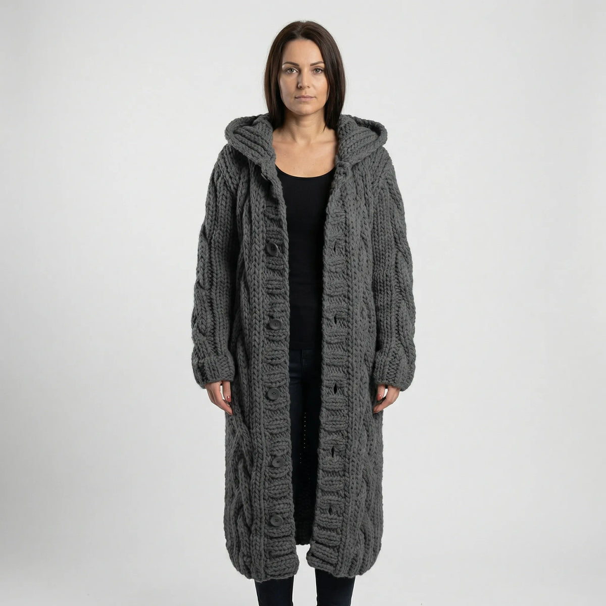 Dark Grey Women's Hooded Cardigan with Cable-Knit Texture & Button-Front Closure