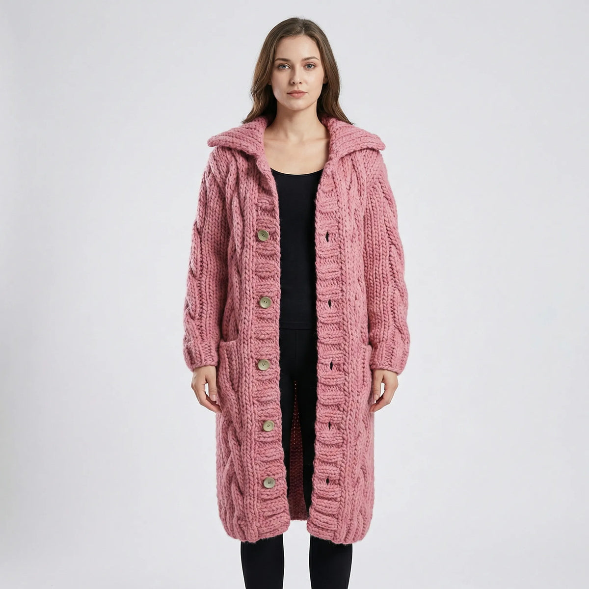 Light Pink Women's Hooded Cardigan with Cable-Knit Texture & Button-Front Closure