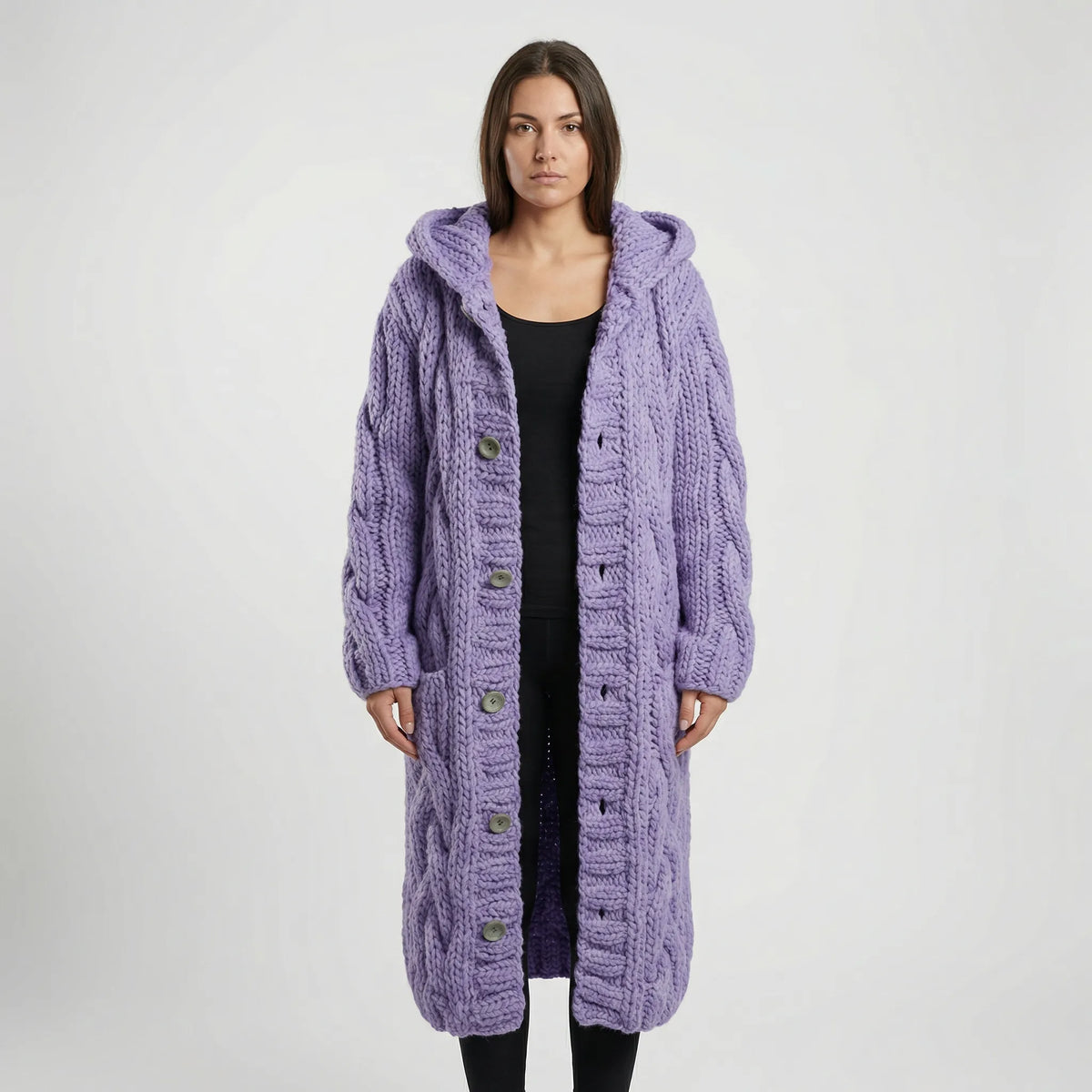 Purple Women's Hooded Cardigan with Cable-Knit Texture & Button-Front Closure