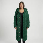 Green Women's Hooded Cardigan with Cable-Knit Texture & Button-Front Closure