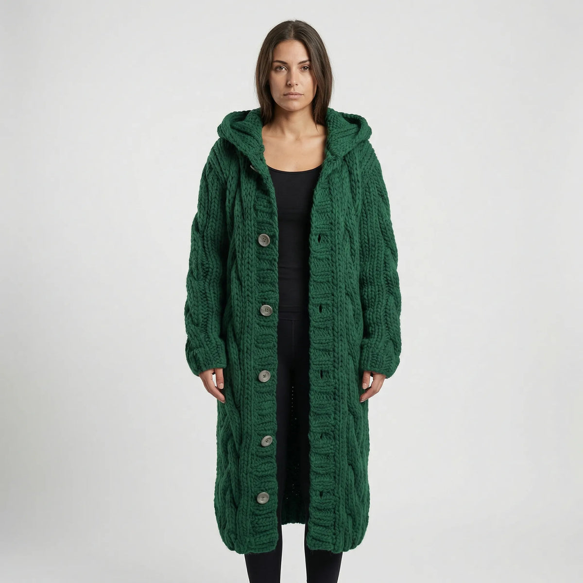Green Women's Hooded Cardigan with Cable-Knit Texture & Button-Front Closure