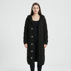 Black Women's Hooded Cardigan with Cable-Knit Texture & Button-Front Closure