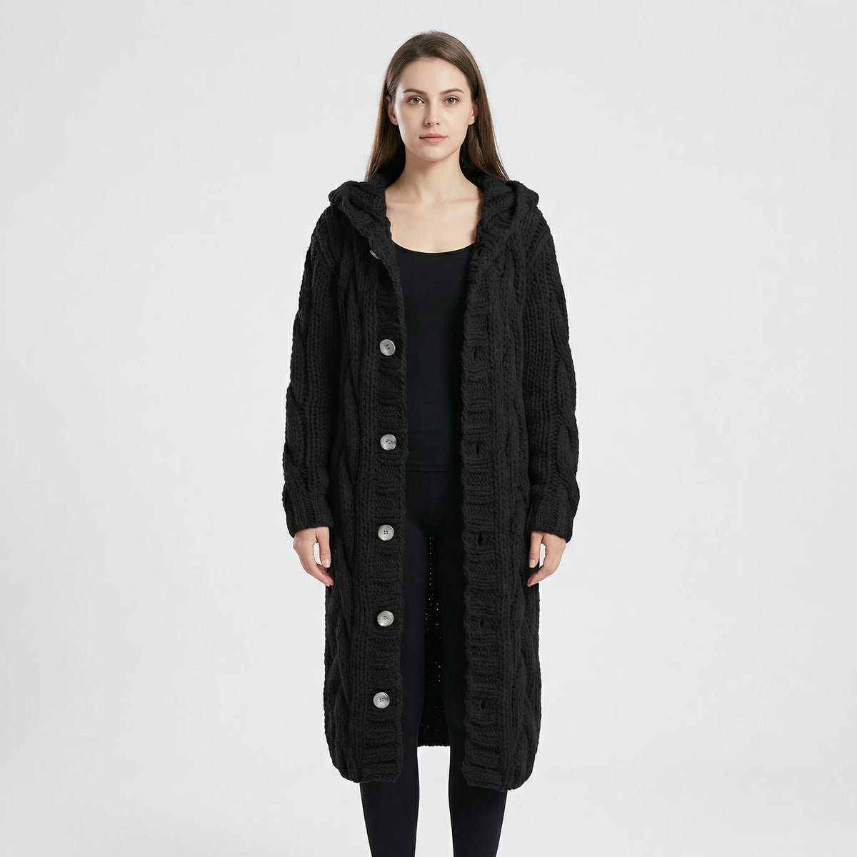 Black Women's Hooded Cardigan with Cable-Knit Texture & Button-Front Closure