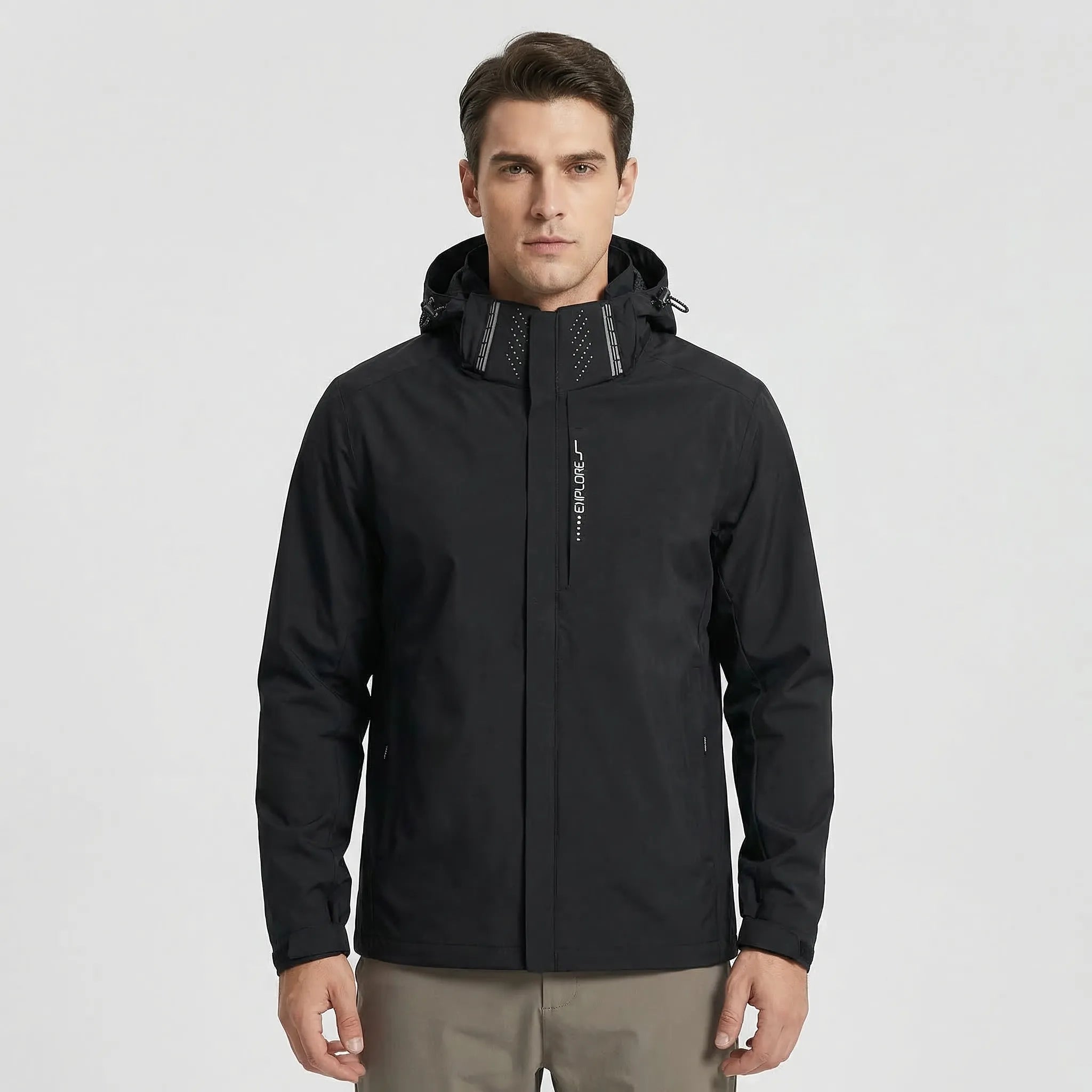 Light Gray Men's Hooded Waterproof Rain Jacket — Elle Nylon Zip-Pocket Adjustable Cuffs
