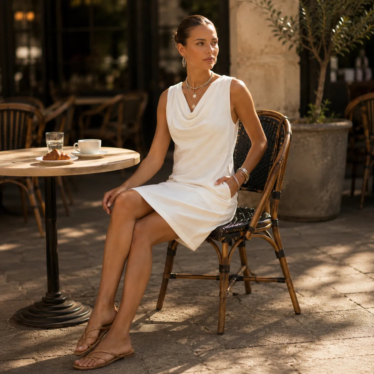 Women's Sleeveless Cowl Neck Mini Dress — Hazel Pocketed Slim-Fit Shift
