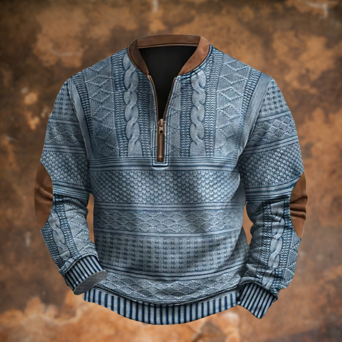 Blue Men's 3/4 Zip Sweater with Warm Lining & Contrast Elbow Patches