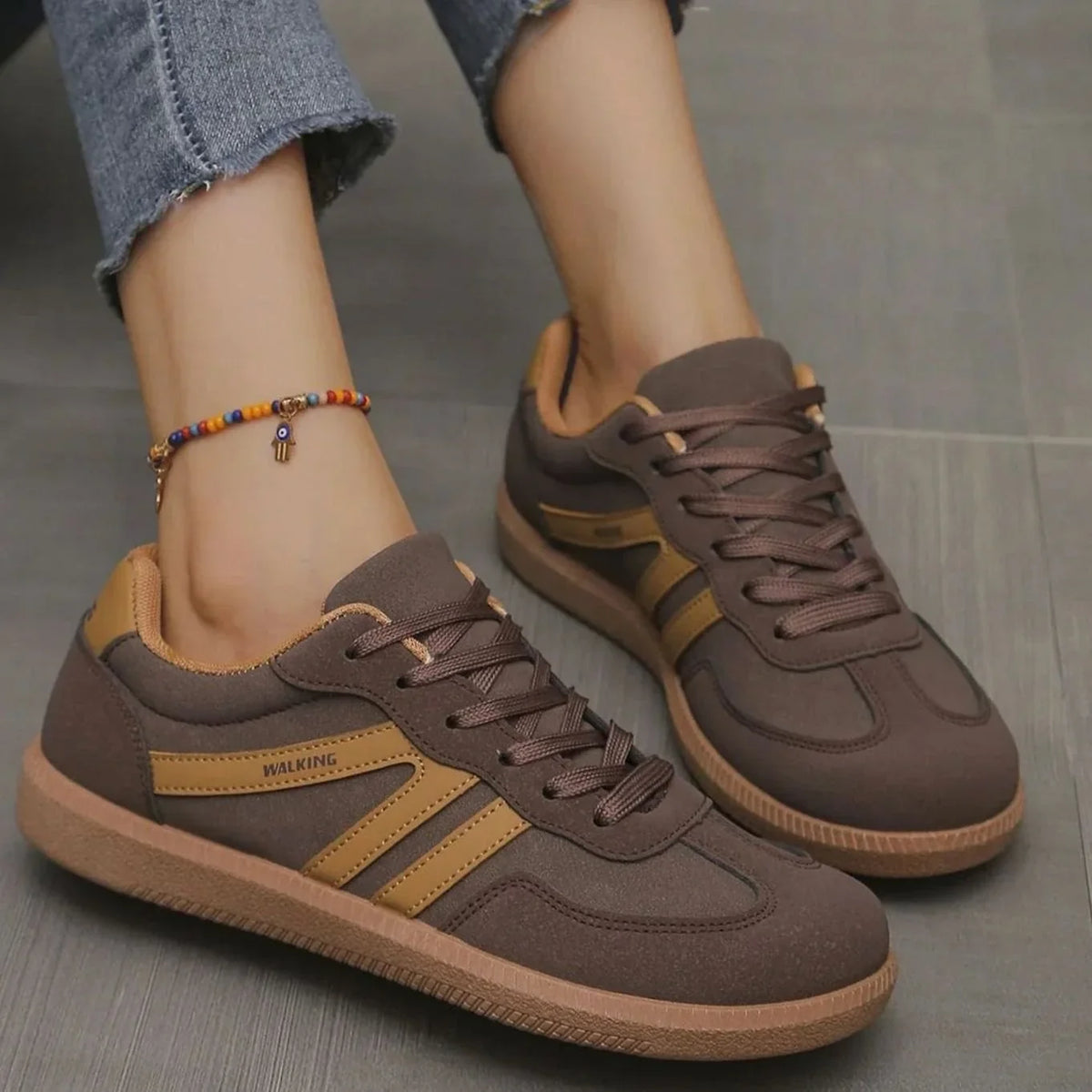 Brown Women's Orthopedic Sneakers with Wide Toe Box & Lace-Up Design
