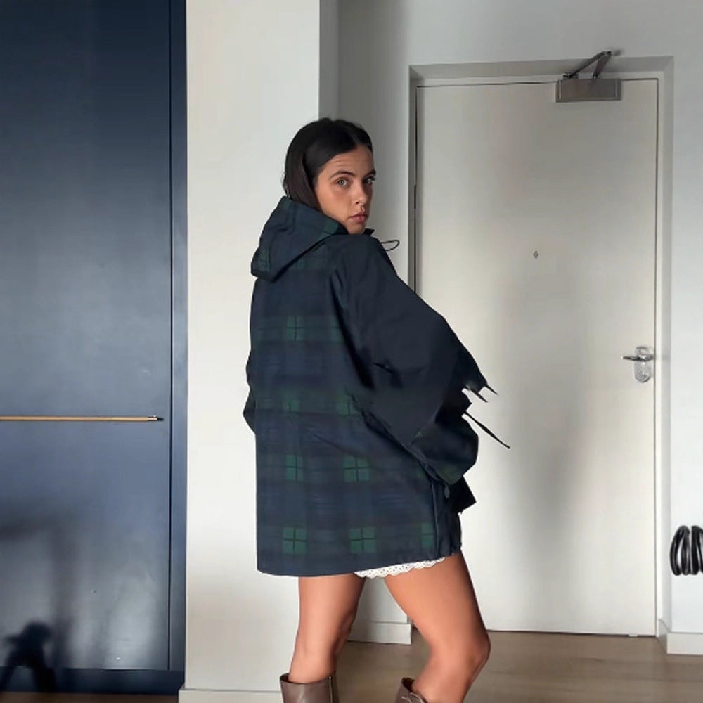 Women's Oversized Plaid Jacket with Hooded Cotton Twill & Drawstring Waist — Joanna
