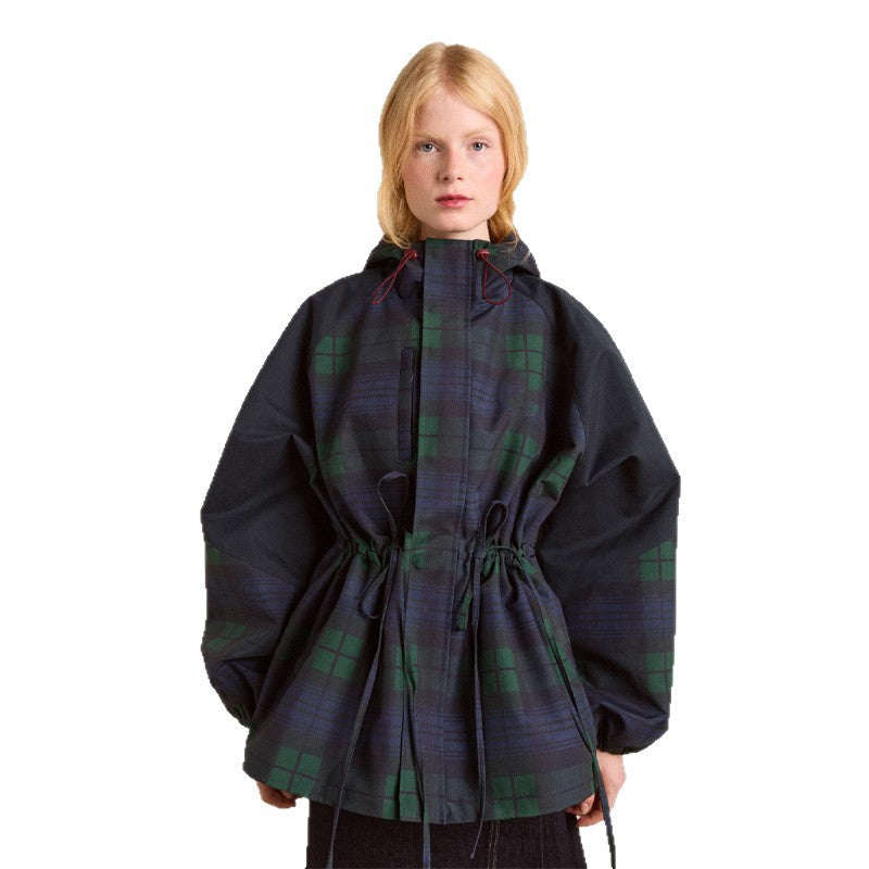 Women's Oversized Plaid Jacket with Hooded Cotton Twill & Drawstring Waist — Joanna