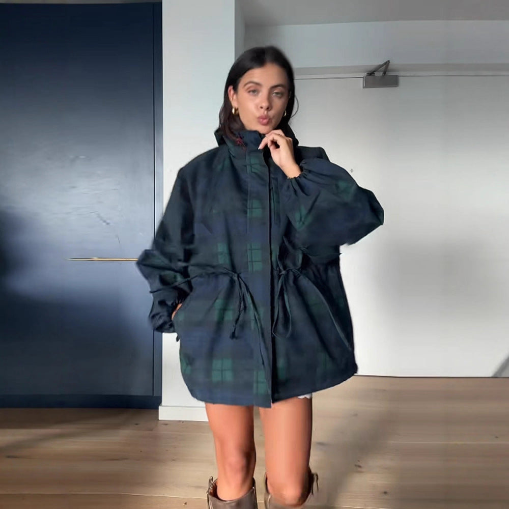 Women's Oversized Plaid Jacket with Hooded Cotton Twill & Drawstring Waist — Joanna