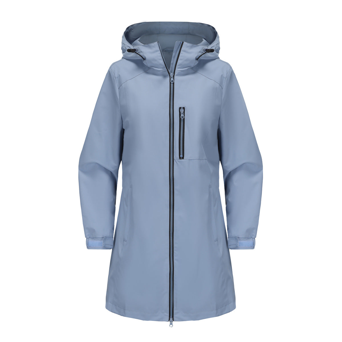 Light Blue Blue Women's Raincoat With Hood — Alexa Lightweight Waterproof Longline