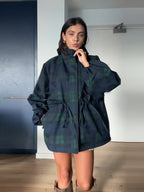 Women's Oversized Plaid Jacket with Hooded Cotton Twill & Drawstring Waist — Joanna