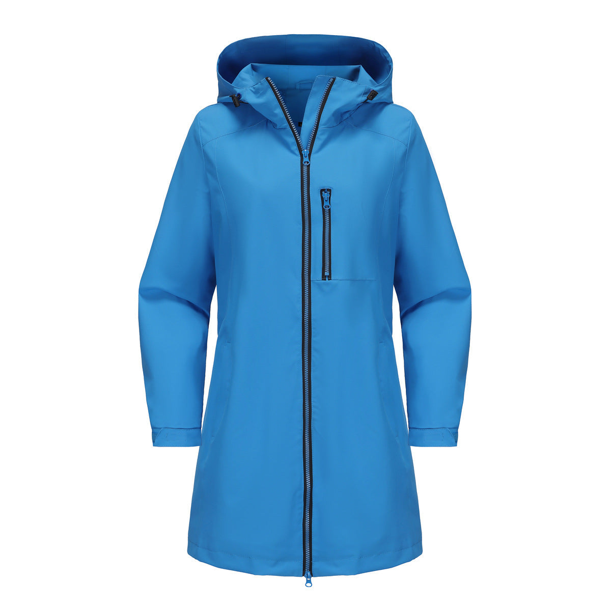 Dark Blue Women's Raincoat With Hood — Alexa Lightweight Waterproof Longline