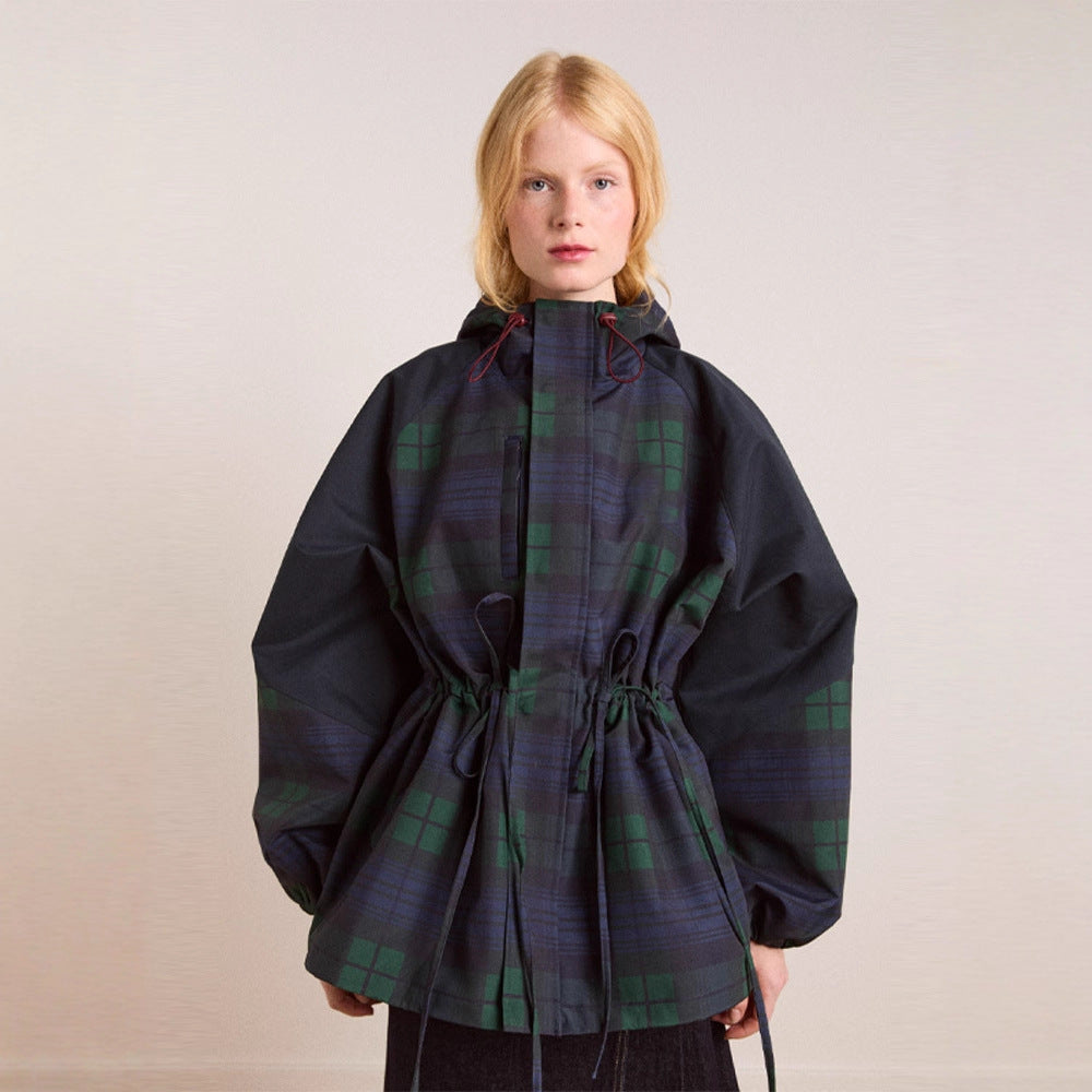 Women's Oversized Plaid Jacket with Hooded Cotton Twill & Drawstring Waist — Joanna