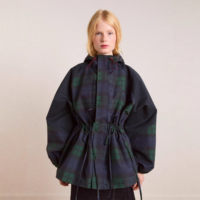 Women's Oversized Plaid Jacket with Hooded Cotton Twill & Drawstring Waist — Joanna