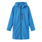 Dark Blue Women's Long Rain Jacket — Estella Hooded Water-Resistant Zip-Front