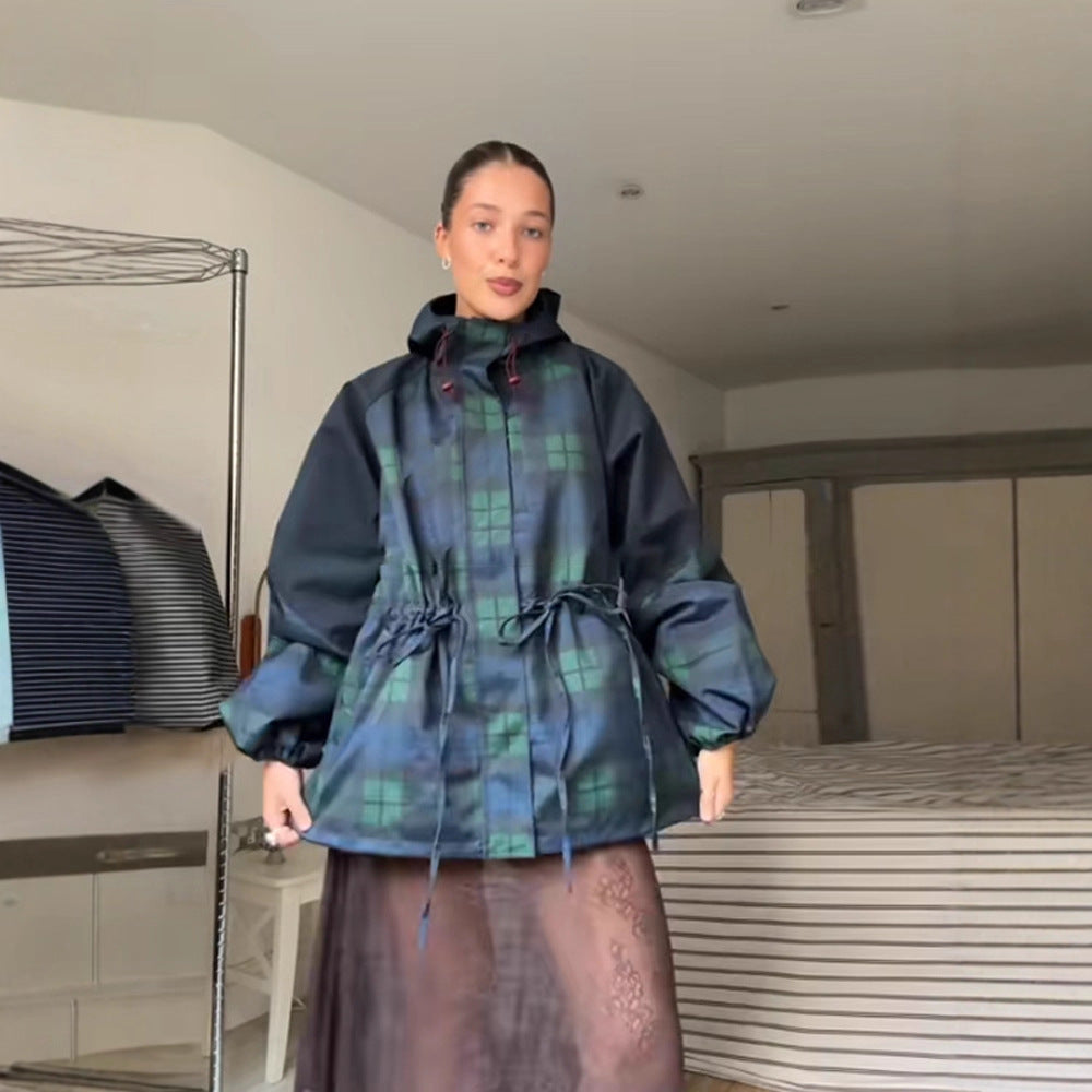 Women's Oversized Plaid Jacket with Hooded Cotton Twill & Drawstring Waist — Joanna