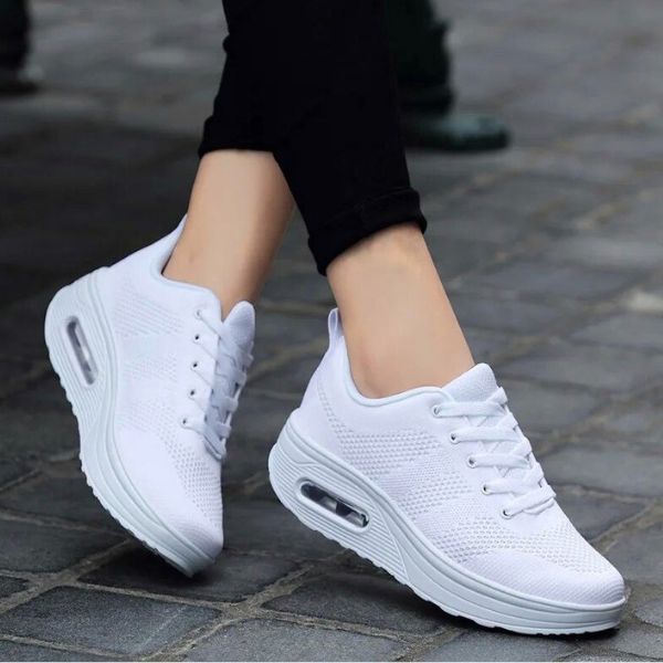 White Women's Mesh Sneakers with Lace-Up Closure & Air Cushion Sole
