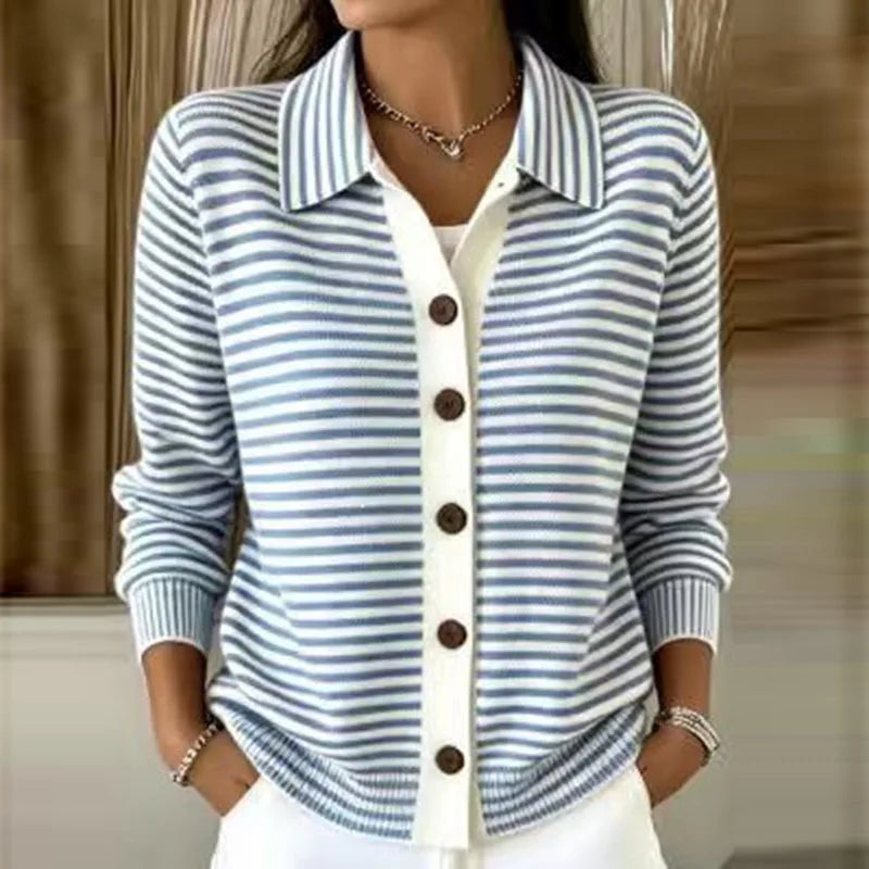 Women's Striped Knit Cardigan with Button-Front Collar & Relaxed Fit — Nellie