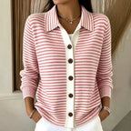 Women's Striped Knit Cardigan with Button-Front Collar & Relaxed Fit — Nellie