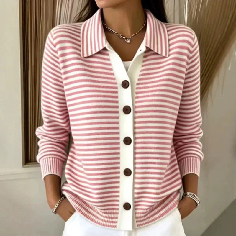 Women's Striped Knit Cardigan with Button-Front Collar & Relaxed Fit — Nellie
