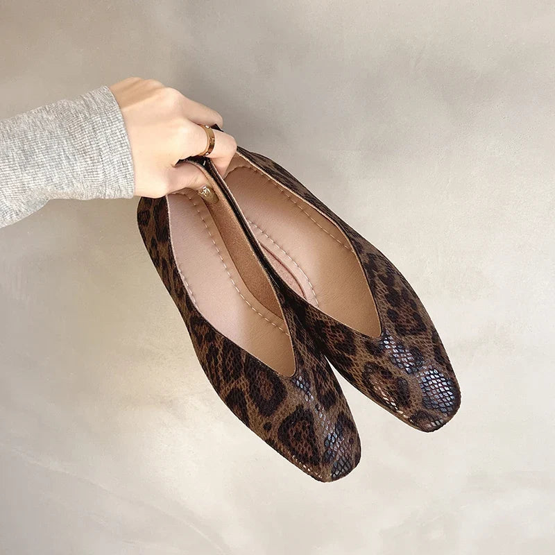 Dark Brown Women's Square Toe Leather Ballet Flats — Selma Suede Animal Print V-Cut