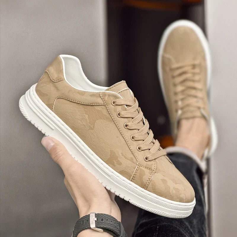 Men's Camo Print Lace-Up Sneakers — Sylvia Leather Low-Top Casual