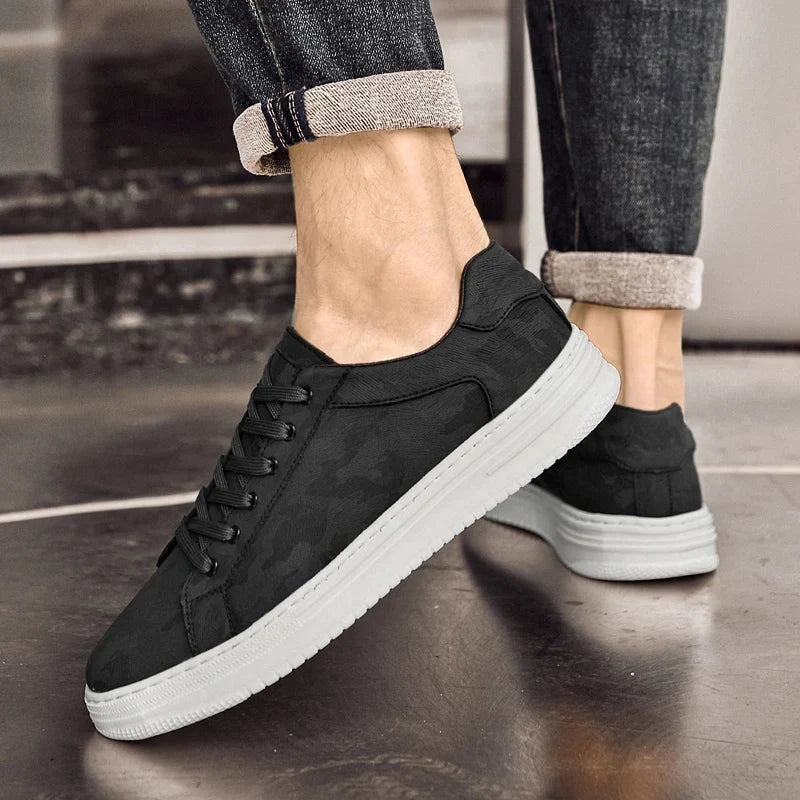 Men's Camo Print Lace-Up Sneakers — Sylvia Leather Low-Top Casual