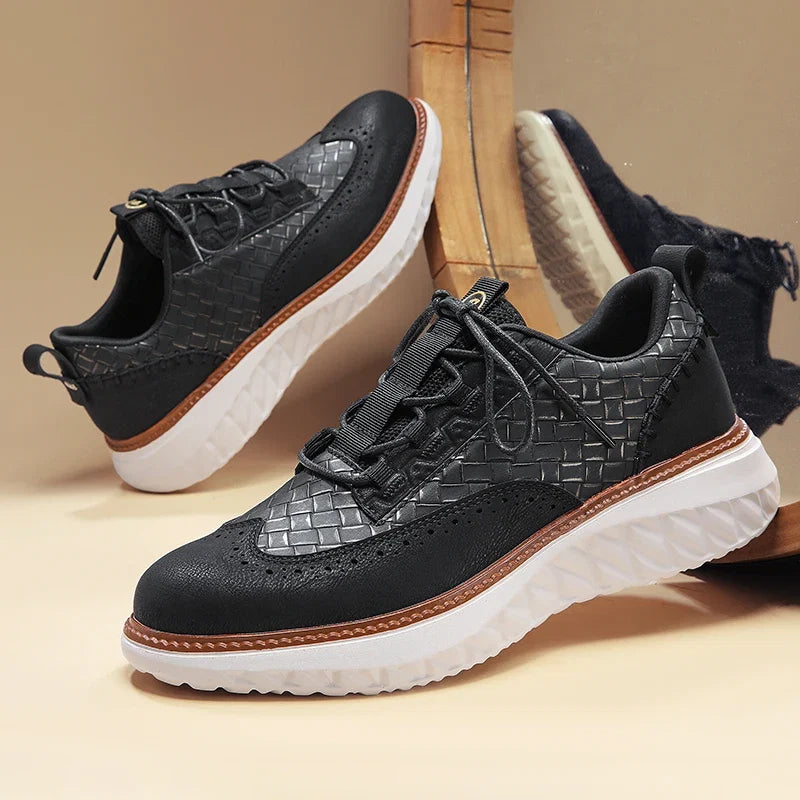 Men's Woven Leather Brogue Sneakers — Jenny Cushioned Lightweight Lace-Up