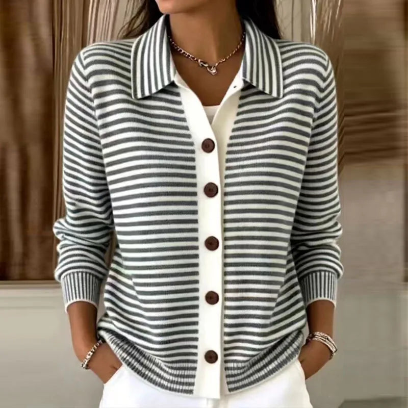 Women's Striped Knit Cardigan with Button-Front Collar & Relaxed Fit — Nellie
