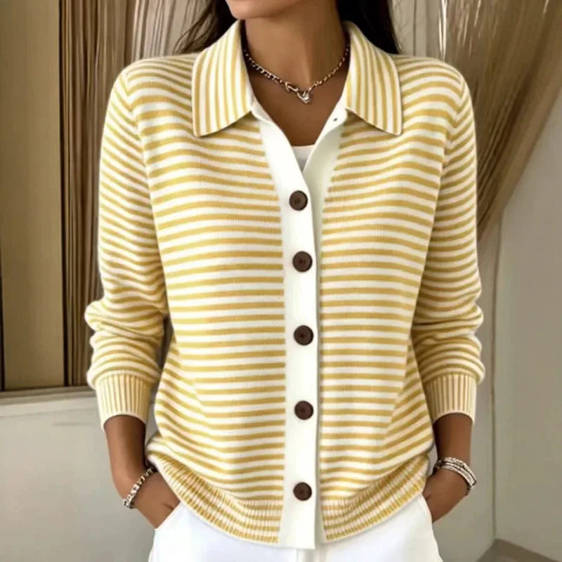 Women's Striped Knit Cardigan with Button-Front Collar & Relaxed Fit — Nellie